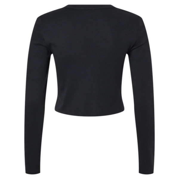 Bella + Canvas Women's Micro Rib Long Sleeve Baby Tee, Solid Black Blend, Back view