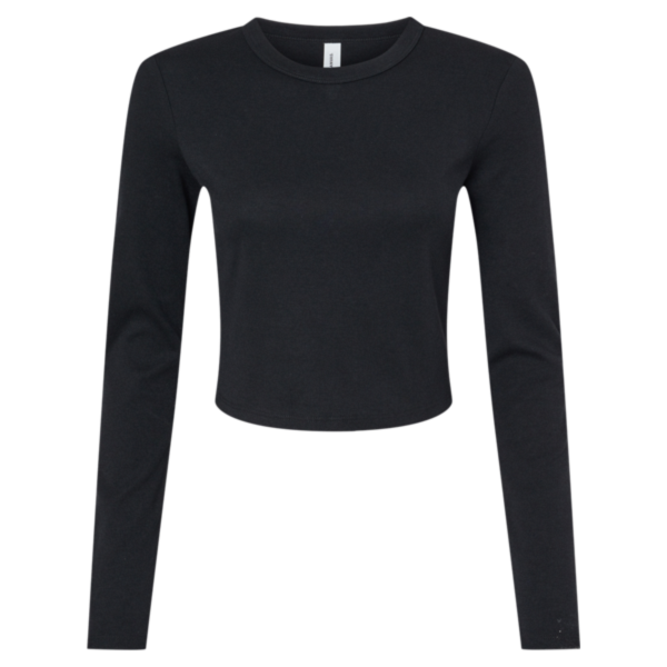 Bella + Canvas Women's Micro Rib Long Sleeve Baby Tee, Solid Black Blend, Front view
