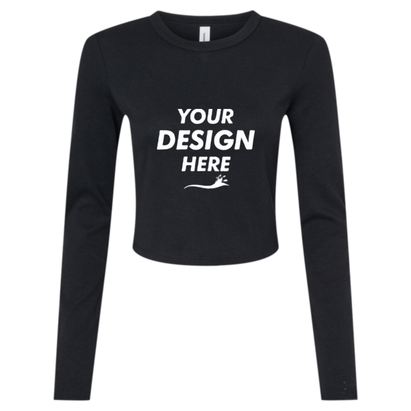 Bella + Canvas Women's Micro Rib Long Sleeve Baby Tee, Solid Black Blend, Front view, Mockup