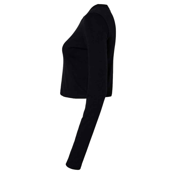 Bella + Canvas Women's Micro Rib Long Sleeve Baby Tee, Solid Black Blend, Left Sleeve view