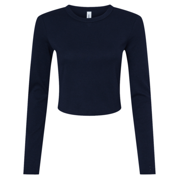 Bella + Canvas Women's Micro Rib Long Sleeve Baby Tee, Solid Navy Blend, Front view