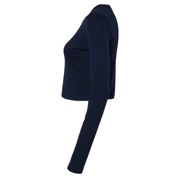 Bella + Canvas Women's Micro Rib Long Sleeve Baby Tee, Solid Navy Blend, Left Sleeve view