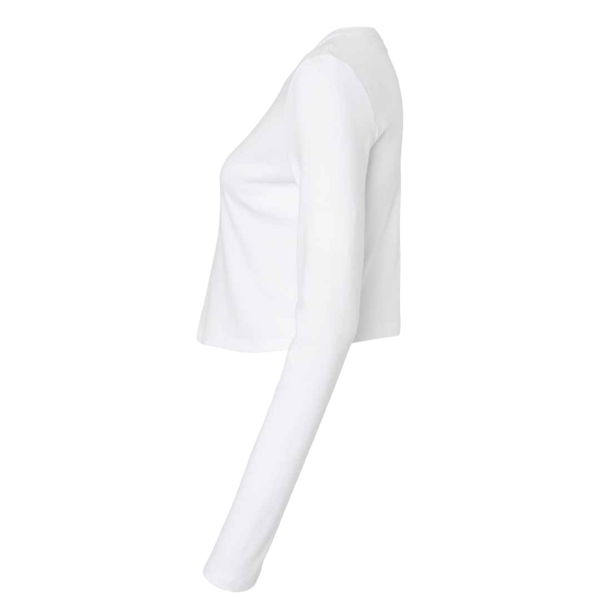 Bella + Canvas Women's Micro Rib Long Sleeve Baby Tee, Solid White Blend, Left Sleeve view