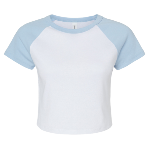 Bella + Canvas Women's Micro Rib Raglan Baby Tee, White / Baby Blue, Front view