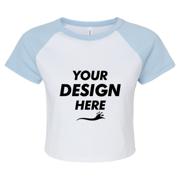 Bella + Canvas Women's Micro Rib Raglan Baby Tee, White / Baby Blue, Front view, Mockup