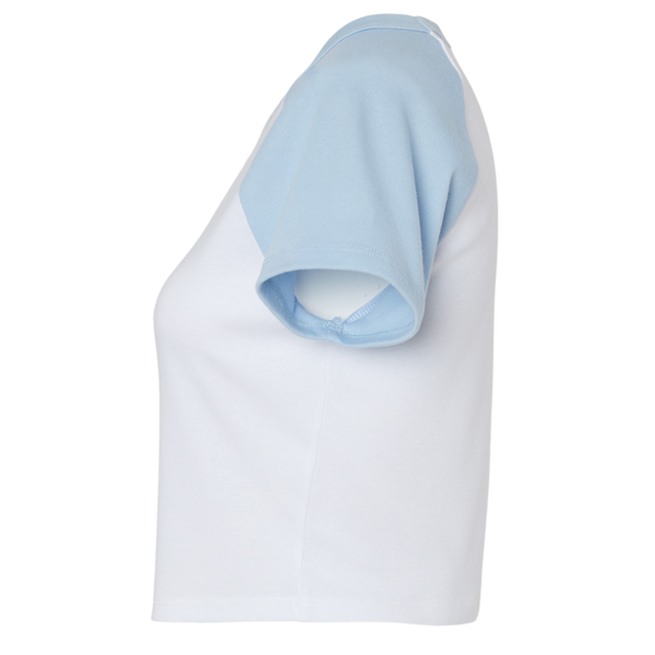 Bella + Canvas Women's Micro Rib Raglan Baby Tee, White / Baby Blue, Left Sleeve view