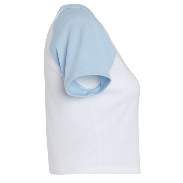 Bella + Canvas Women's Micro Rib Raglan Baby Tee, White / Baby Blue, Right Sleeve view