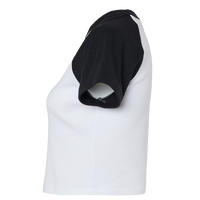 Bella + Canvas Women's Micro Rib Raglan Baby Tee, White / Black, Left Sleeve view