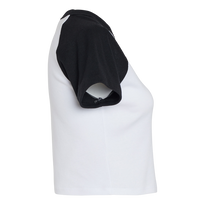 Bella + Canvas Women's Micro Rib Raglan Baby Tee, White / Black, Right Sleeve view
