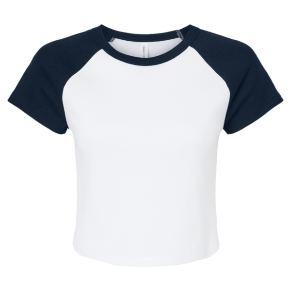 Bella + Canvas Women's Micro Rib Raglan Baby Tee, White / Navy, Front view