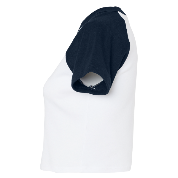 Bella + Canvas Women's Micro Rib Raglan Baby Tee, White / Navy, Left Sleeve view