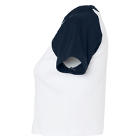 Bella + Canvas Women's Micro Rib Raglan Baby Tee, White / Navy, Left Sleeve view
