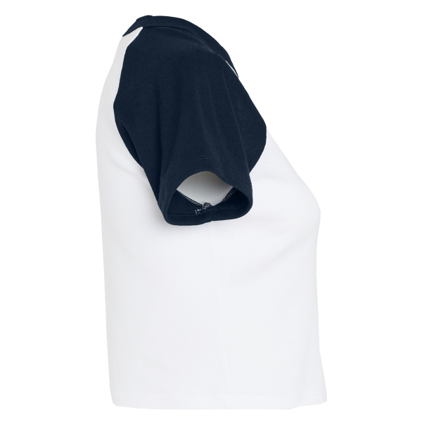 Bella + Canvas Women's Micro Rib Raglan Baby Tee, White / Navy, Right Sleeve view