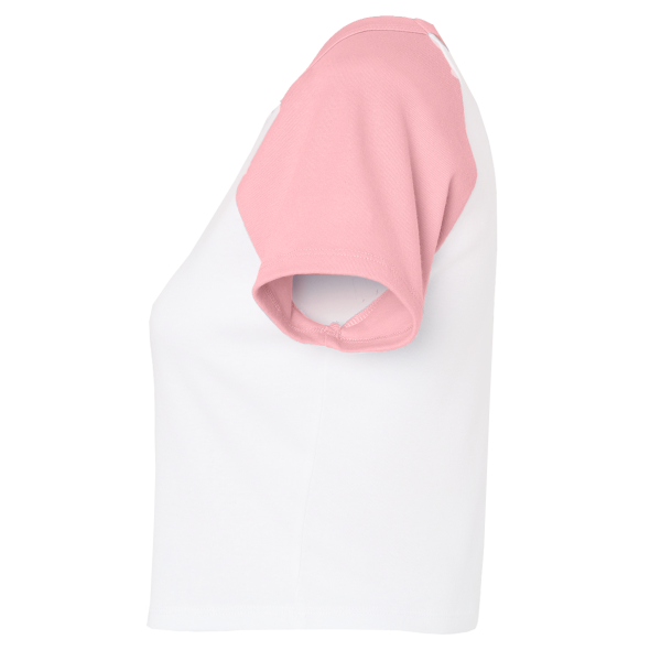 Bella + Canvas Women's Micro Rib Raglan Baby Tee, White / Pink, Left Sleeve view