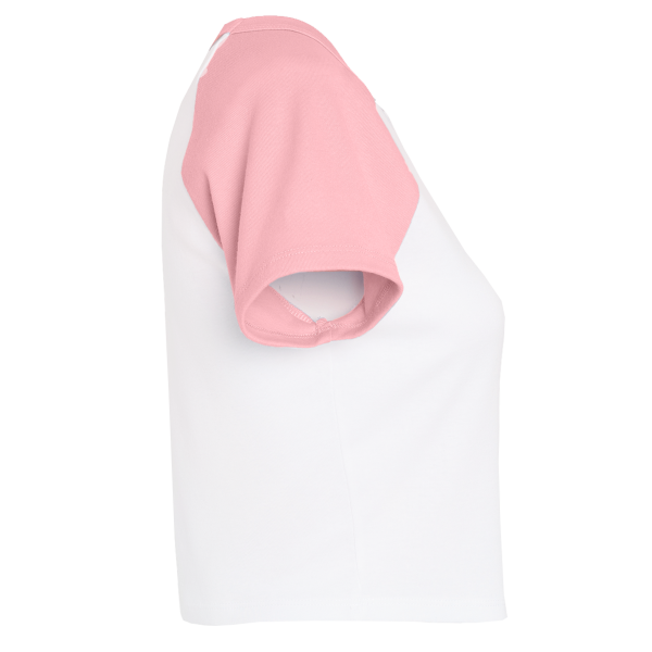 Bella + Canvas Women's Micro Rib Raglan Baby Tee, White / Pink, Right Sleeve view
