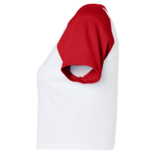 Bella + Canvas Women's Micro Rib Raglan Baby Tee, White / Red, Left Sleeve view
