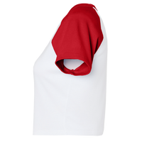 Bella + Canvas Women's Micro Rib Raglan Baby Tee, White / Red, Left Sleeve view