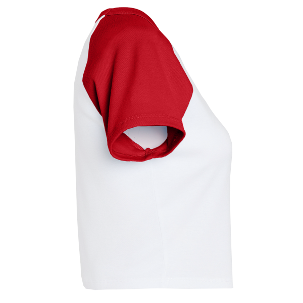 Bella + Canvas Women's Micro Rib Raglan Baby Tee, White / Red, Right Sleeve view