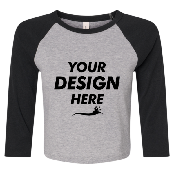 Bella + Canvas Women's Micro Rib Three-Quarter Raglan Sleeve Baby Tee, Athletic Heather / Black, Front view, Mockup