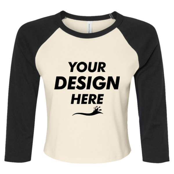 Bella + Canvas Women's Micro Rib Three-Quarter Raglan Sleeve Baby Tee, Natural / Black, Front view, Mockup