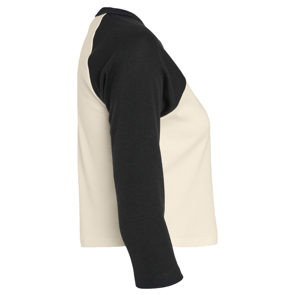 Bella + Canvas Women's Micro Rib Three-Quarter Raglan Sleeve Baby Tee, Natural / Black, Right Sleeve view