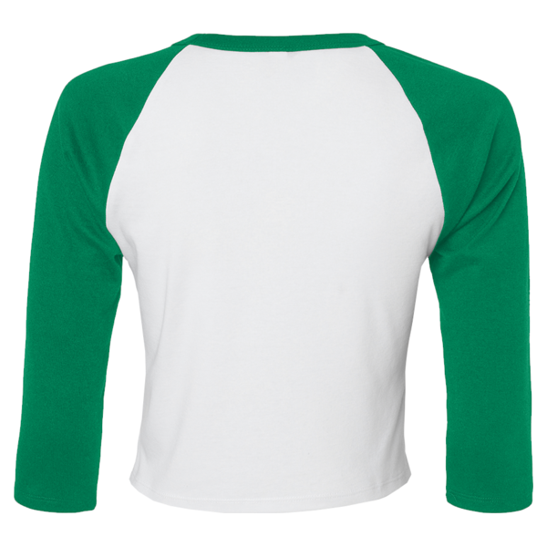 Bella + Canvas Women's Micro Rib Three-Quarter Raglan Sleeve Baby Tee, White / Kelly, Back view