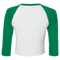 Bella + Canvas Women's Micro Rib Three-Quarter Raglan Sleeve Baby Tee, White / Kelly, Back view