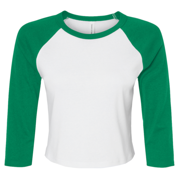 Bella + Canvas Women's Micro Rib Three-Quarter Raglan Sleeve Baby Tee, White / Kelly, Front view