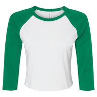 Bella + Canvas Women's Micro Rib Three-Quarter Raglan Sleeve Baby Tee, White / Kelly, Front view