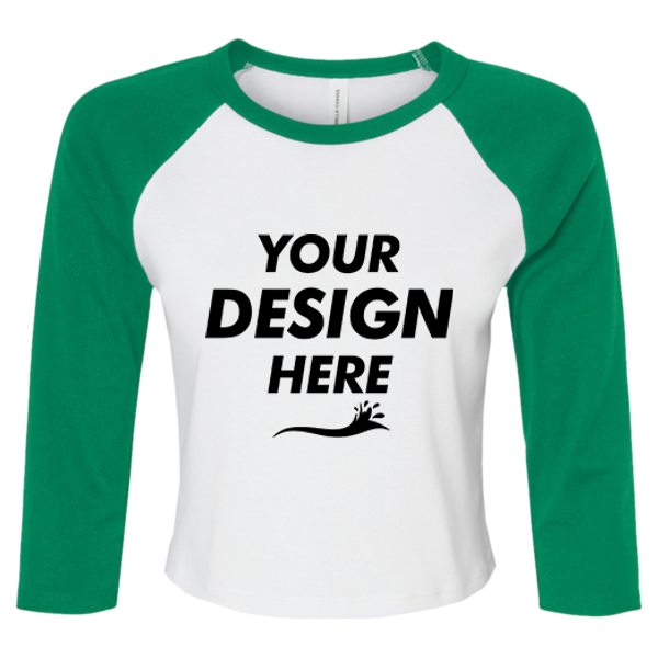 Bella + Canvas Women's Micro Rib Three-Quarter Raglan Sleeve Baby Tee, White / Kelly, Front view, Mockup