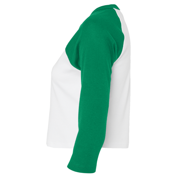 Bella + Canvas Women's Micro Rib Three-Quarter Raglan Sleeve Baby Tee, White / Kelly, Left Sleeve view