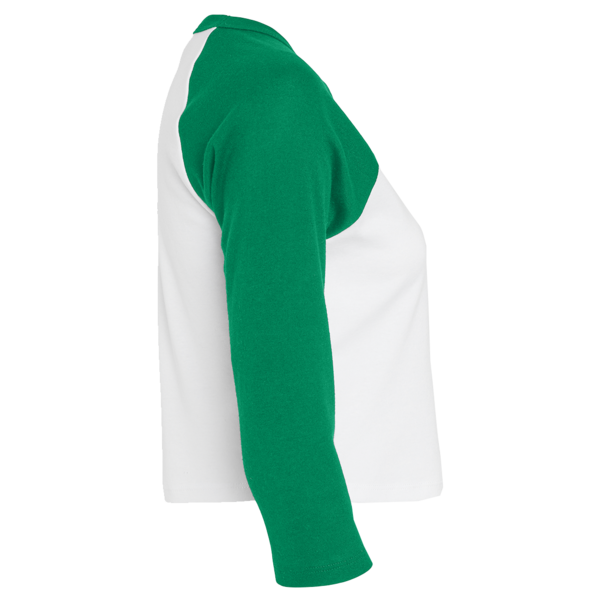 Bella + Canvas Women's Micro Rib Three-Quarter Raglan Sleeve Baby Tee, White / Kelly, Right Sleeve view