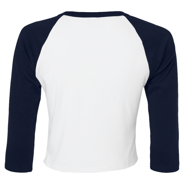 Bella + Canvas Women's Micro Rib Three-Quarter Raglan Sleeve Baby Tee, White / Navy, Back view