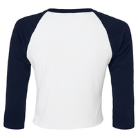 Bella + Canvas Women's Micro Rib Three-Quarter Raglan Sleeve Baby Tee, White / Navy, Back view