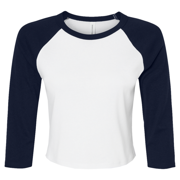 Bella + Canvas Women's Micro Rib Three-Quarter Raglan Sleeve Baby Tee, White / Navy, Front view