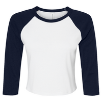 Bella + Canvas Women's Micro Rib Three-Quarter Raglan Sleeve Baby Tee, White / Navy, Front view