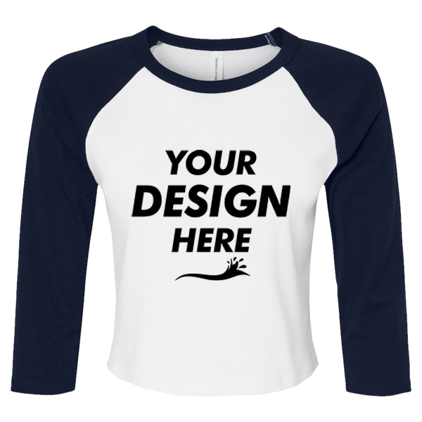 Bella + Canvas Women's Micro Rib Three-Quarter Raglan Sleeve Baby Tee, White / Navy, Front view, Mockup