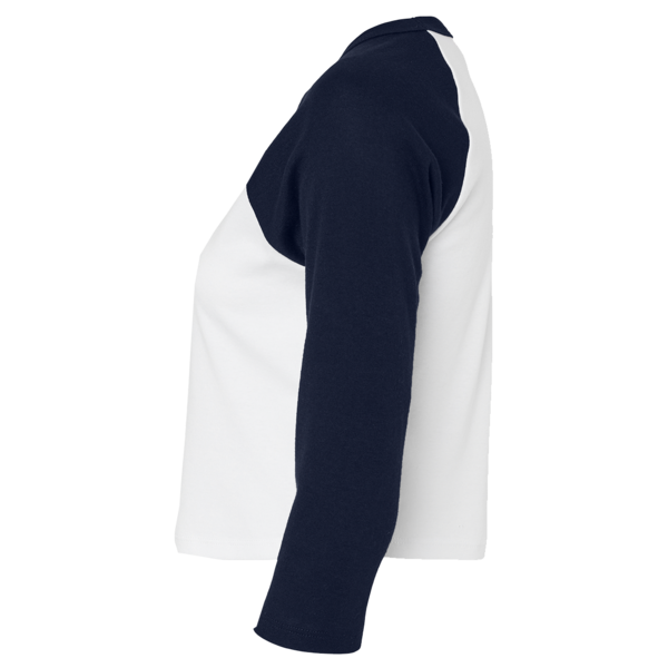 Bella + Canvas Women's Micro Rib Three-Quarter Raglan Sleeve Baby Tee, White / Navy, Left Sleeve view