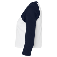 Bella + Canvas Women's Micro Rib Three-Quarter Raglan Sleeve Baby Tee, White / Navy, Left Sleeve view