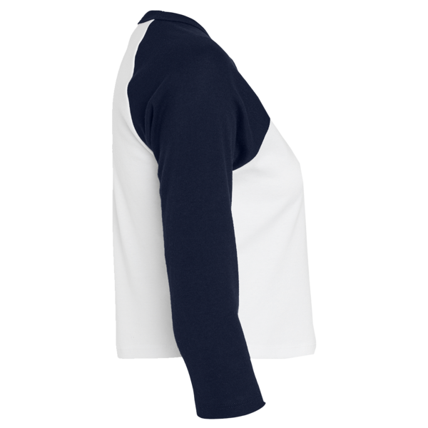 Bella + Canvas Women's Micro Rib Three-Quarter Raglan Sleeve Baby Tee, White / Navy, Right Sleeve view