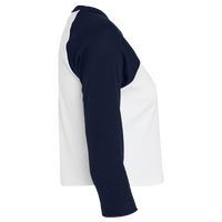 Bella + Canvas Women's Micro Rib Three-Quarter Raglan Sleeve Baby Tee, White / Navy, Right Sleeve view