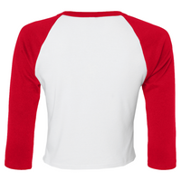 Bella + Canvas Women's Micro Rib Three-Quarter Raglan Sleeve Baby Tee, White / Red, Back view