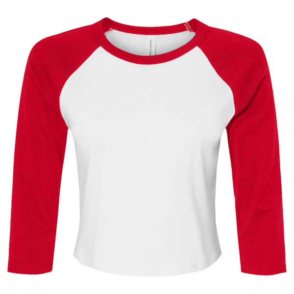 Bella + Canvas Women's Micro Rib Three-Quarter Raglan Sleeve Baby Tee, White / Red, Front view