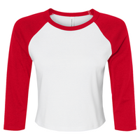 Bella + Canvas Women's Micro Rib Three-Quarter Raglan Sleeve Baby Tee, White / Red, Front view