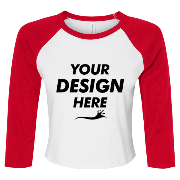 Bella + Canvas Women's Micro Rib Three-Quarter Raglan Sleeve Baby Tee, White / Red, Front view, Mockup