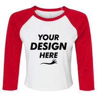 Bella + Canvas Women's Micro Rib Three-Quarter Raglan Sleeve Baby Tee, White / Red, Front view, Mockup