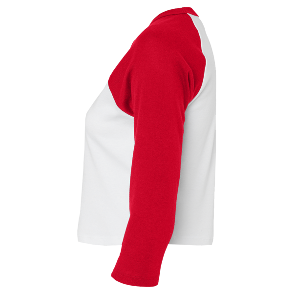 Bella + Canvas Women's Micro Rib Three-Quarter Raglan Sleeve Baby Tee, White / Red, Left Sleeve view