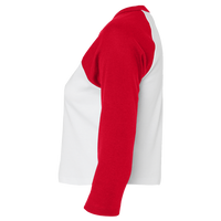 Bella + Canvas Women's Micro Rib Three-Quarter Raglan Sleeve Baby Tee, White / Red, Left Sleeve view