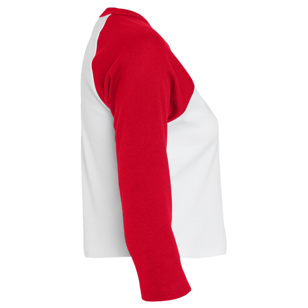 Bella + Canvas Women's Micro Rib Three-Quarter Raglan Sleeve Baby Tee, White / Red, Right Sleeve view