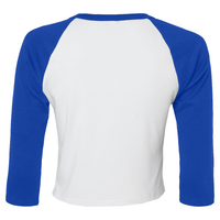 Bella + Canvas Women's Micro Rib Three-Quarter Raglan Sleeve Baby Tee, White / True Royal, Back view